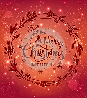 Merry Christmas and New Year typographical on red holiday background with Christmas wreath, snowflakes, light, stars.