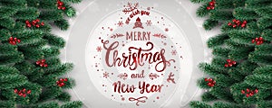 Merry Christmas and New Year Typographical on white background with fir branches, berries, lights, snowflakes.