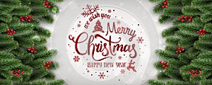Merry Christmas and New Year Typographical on white background with fir branches, berries, lights, snowflakes.
