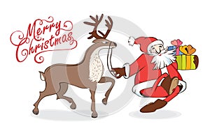 Merry Christmas and New Years card walking Santa Claus with gifts and reindeer