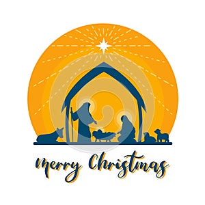 Merry Christmas with Nightly christmas scenery mary and joseph in a manger with baby Jesus vector design photo