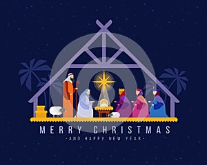 Merry christmas - Nightly christmas scenery mary joseph in a manger with baby Jesus and Three wise men vector design photo