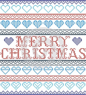 Merry Christmas Nordic style and inspired by Scandinavian cross stitch craft seamless Christmas pattern