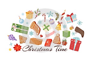 Merry Christmas objects collection of winter holiday items cartoon vector illustration.