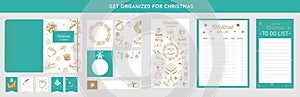 Merry Christmas organizer, planner, notepad, diary with vector hand drawn illustrations and handwritten calligraphy