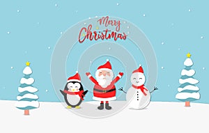 Merry christmas paper art illustration style, with standing santa claus, penguin, snowman, and trees.