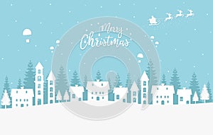 Merry christmas paper art style illustration design, with many houses and forest, santa claus flying with reindeer and falling gif