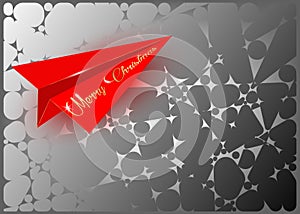 Merry Christmas paper cut design greeting card. Red Paper cuting airplane, Gold Merry Christmas flying, vector illustration