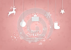 Merry Christmas, paper hanging decoration, cute greeting card pink pastel background seasonal holiday vector illustration
