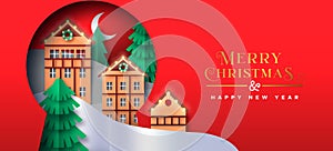 Merry Christmas papercut winter town banner