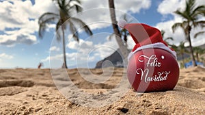 Merry Christmas from paradise, exotic island. Holiday composition on the beach.