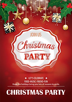 Merry christmas party and gift box on red background invitation theme concept. Happy holiday greeting banner and card design