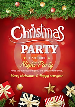 Merry christmas party gift box and tree on red background invitation theme concept. Happy holiday greeting banner and card design