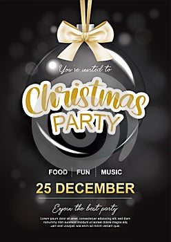 Merry christmas party with glass ball for flyer brochure design on black background invitation theme concept. Happy holiday