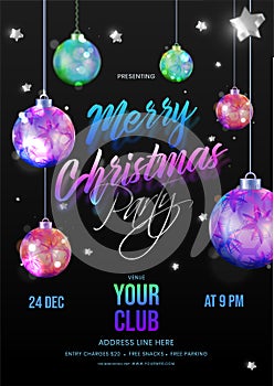Merry Christmas Party invitation card design decorated with hanging baubles, stars.