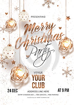 Merry Christmas Party invitation card design with hanging baubles, stars and snowflakes.