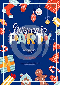 Merry Christmas party layout A4 poster or flyer template. Christmas holidays invitation with design elements. Flat vector