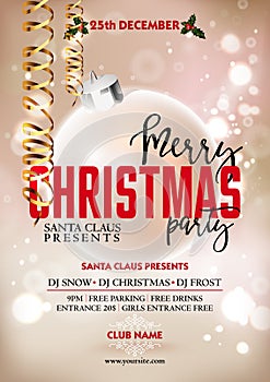 Merry Christmas party poster design template with decoration ball.