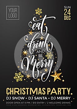 Merry Christmas party poster greeting vector golden decoration snowflake New Year background