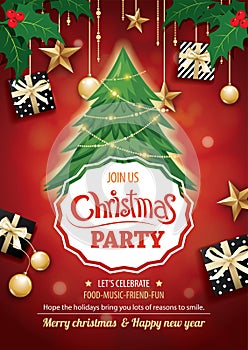 Merry christmas party and tree on red background invitation theme concept. Happy holiday greeting banner and card design template