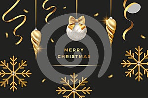 Merry Christmas Party vector poster holiday greeting card, premium luxury 3d gold snowflake ornament decoration of