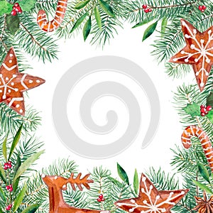 Merry Christmas pattern, gingerbread, firtree, olive, holly border. Watercolor handdrawn illustration frame.