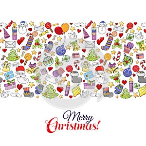 Merry christmas pattern for holiday greeting cards, print, book page, bullet journal or wrapping paper. Bells, Santa, tree, socks,