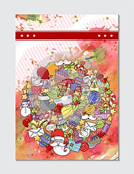 Merry christmas pattern for holiday greeting cards, print, book page, bullet journal or wrapping paper. Bells, Santa, tree, socks,
