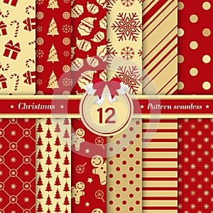 Merry Christmas pattern seamless collection. Set of 12 X-mas winter holiday background . Endless texture for gift wrap, wallpaper