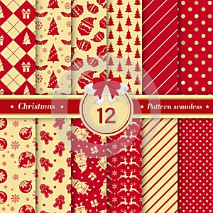 Merry Christmas pattern seamless collection. Set of 12 X-mas winter holiday background . Endless texture for gift wrap, wallpaper