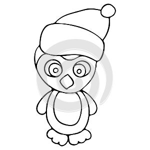 Merry Christmas Penguin. Hand Drawn Illustrations in black and white doodle style.