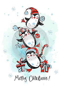 Merry Christmas penguins are dancing. New Year's card. Watercolor graphics. Vector.