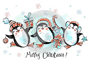 Merry Christmas penguins are dancing. New Year's card. Watercolor graphics. Vector.