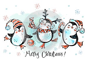 Merry Christmas penguins are dancing. New Year's card. Watercolor graphics. Vector.