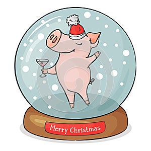 Merry Christmas pig in Santa hat and with a glass in Christmas ball with snowflakes.