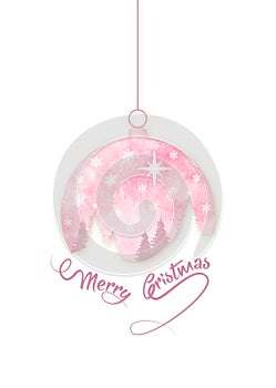 Merry Christmas pink ball shape. Winter seasonal holiday Christmas background. Christmas greeting card with snow globe and winter