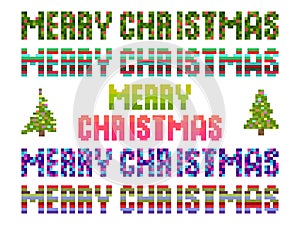 Merry Christmas, pixel art. Pixelated text in the style of 8 bit retro games from the 80s and 90s. Design for greeting card,