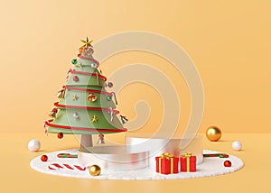 Merry Christmas, Podium with Christmas tree and ornaments on a snow floor