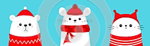 Merry Christmas. Polar white bear cub Mouse Cat head face wearing red Santa hat knitted ugly sweater, hat, scarf. Cute cartoon