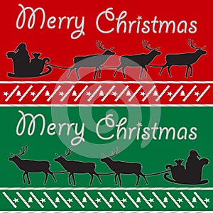 Merry Christmas post card with Santa and deers silhouette red green Background