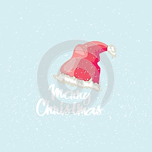 Merry Christmas post card. Winter greeting card with Santa`s hat