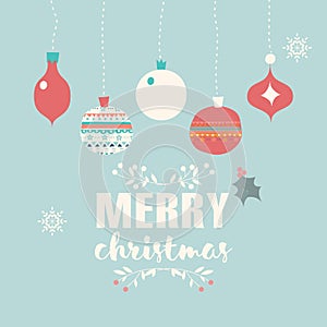 Merry Christmas postcard with balls decoration, snowflakes