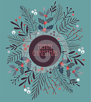 merry christmas postcard with branches and red berries turquoise background