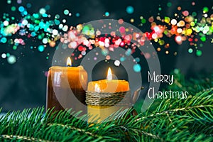 Merry Christmas postcard with candles, fir branches and coloured