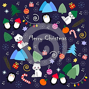 Merry christmas postcard with cartoon animals