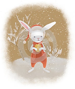 Merry Christmas postcard with cute bunny drinking warm cocoa