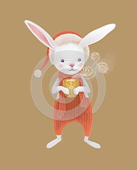 Merry Christmas postcard with cute bunny drinking warm cocoa