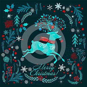 Merry Christmas postcard. Cute deer. Vector illustration. Greeting card for kids. Hand drawn illustration on dark