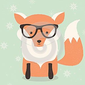 Merry Christmas postcard with cute hipster orange fox wearing