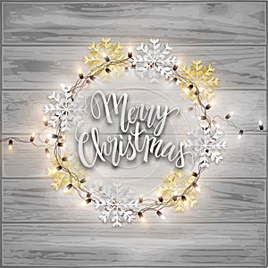 Merry Christmas postcard, glitter snowflakes and led lights shin